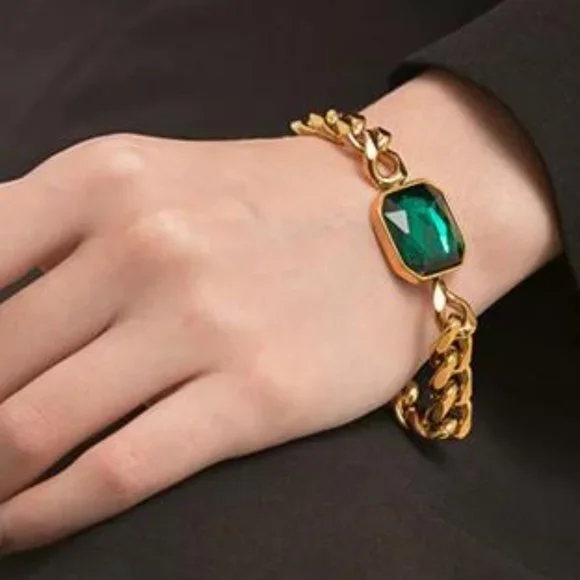 Cuban Chain Chunky Bracelet Emerald Color Stone - Picture 5 of 5